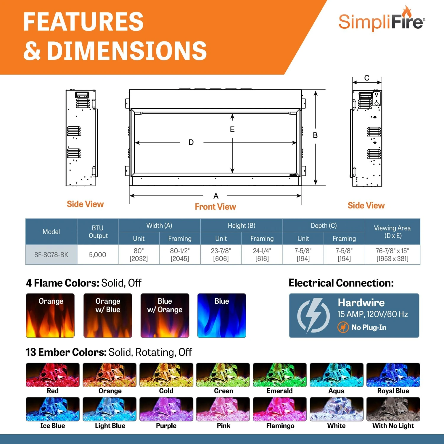 SimpliFire Scion 78" Built-In Linear Electric Fireplace | SF-SC78-BK 8 SimpliFire Scion 78" Built-In Linear Electric Fireplace | SF-SC78-BK - Image 6
